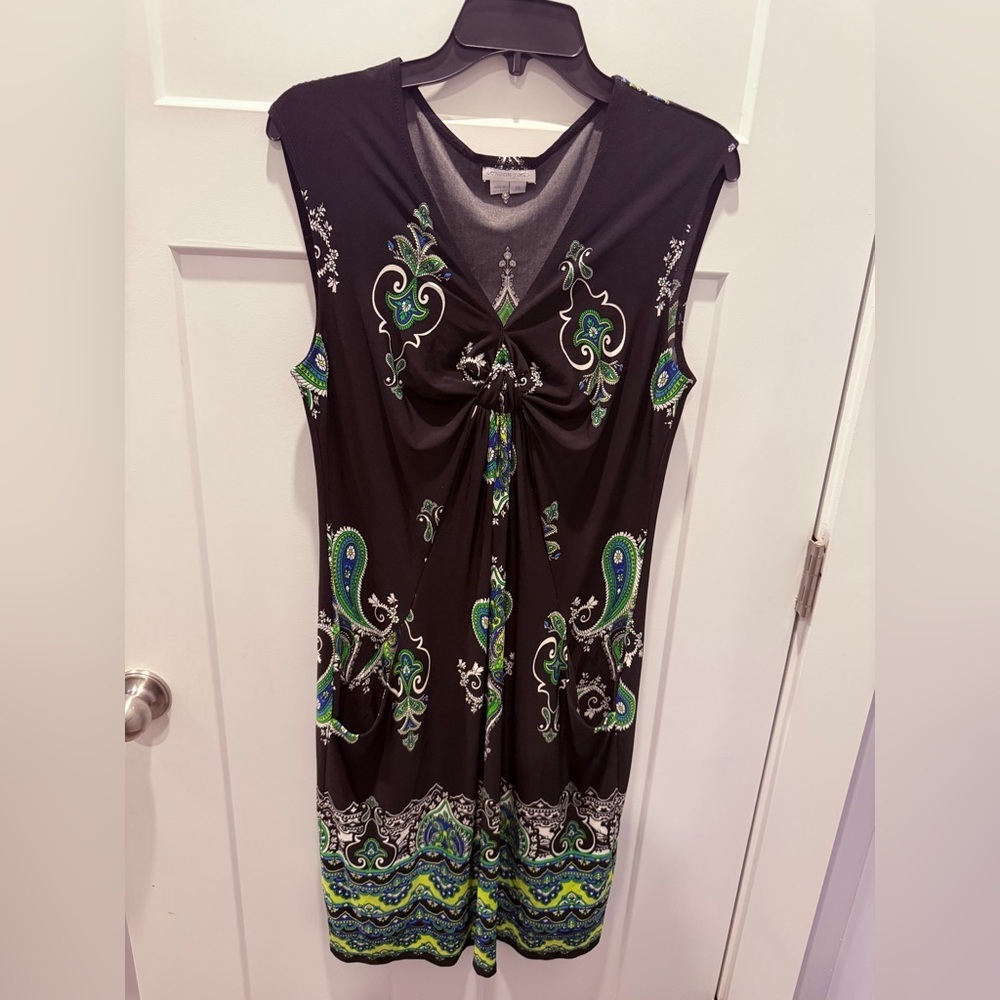 London Times Paisley Print Dress 12 Twist Front Sleeveless Black Green Blue